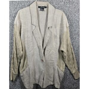 L.B. Diffusion Linen Jacket Tan Knit Sleeve‎ Blazer Embroidered - Womens Medium